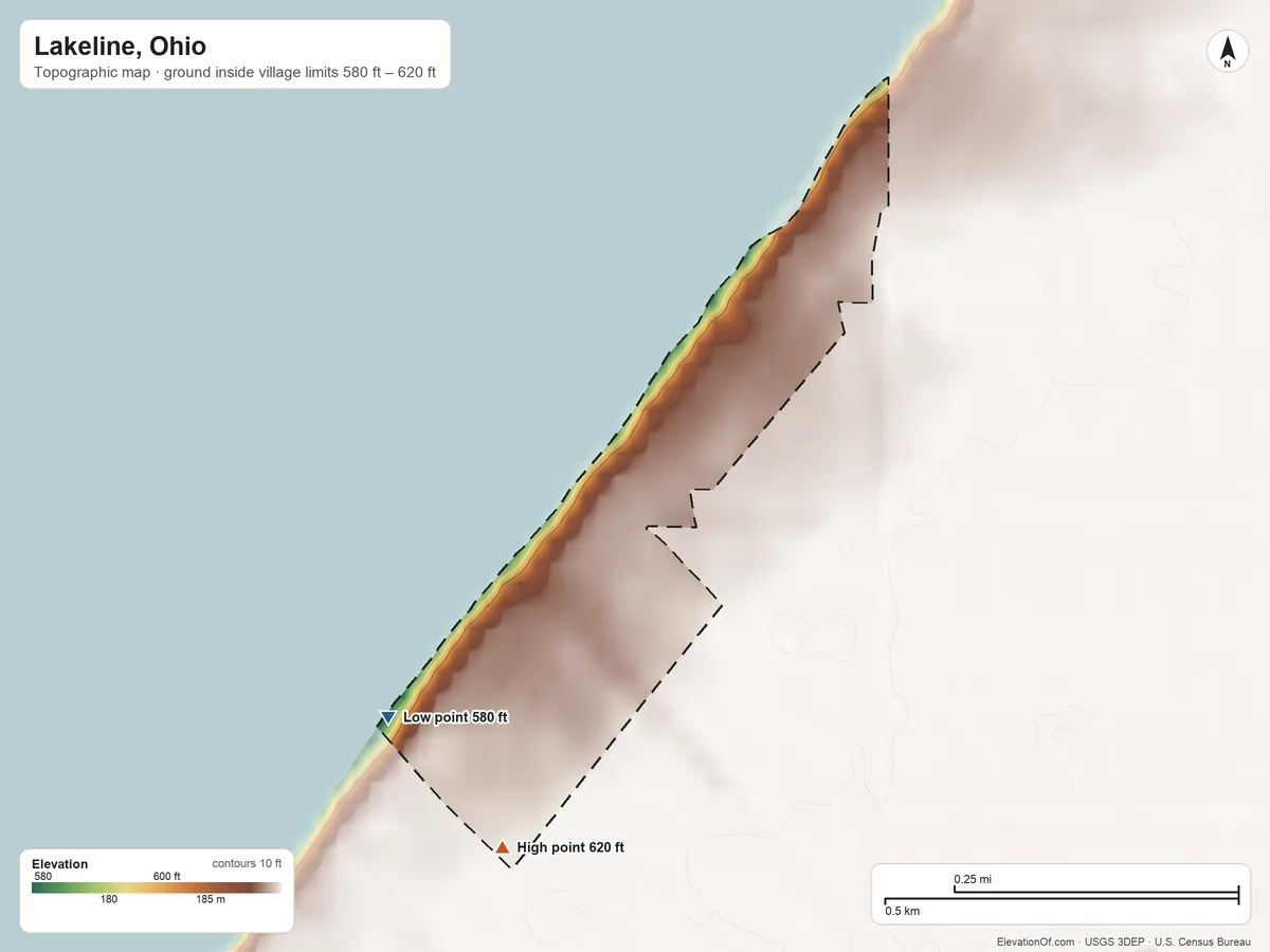 Topographic elevation map of Lakeline, Ohio, shaded from 580 ft on the southwest side to 620 ft on the southwest side