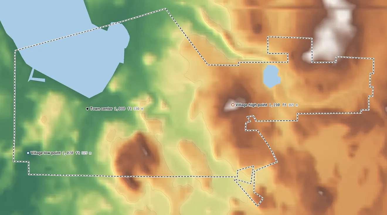 Topographic elevation map of Lakemore, Ohio, shaded from 1,070 ft on the southwest side to 1,190 ft on the east side