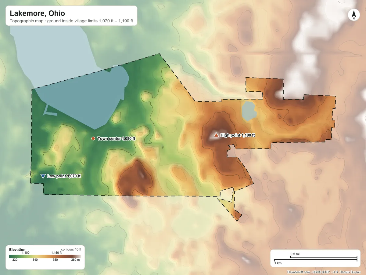 Topographic elevation map of Lakemore, Ohio, shaded from 1,070 ft on the southwest side to 1,190 ft on the east side