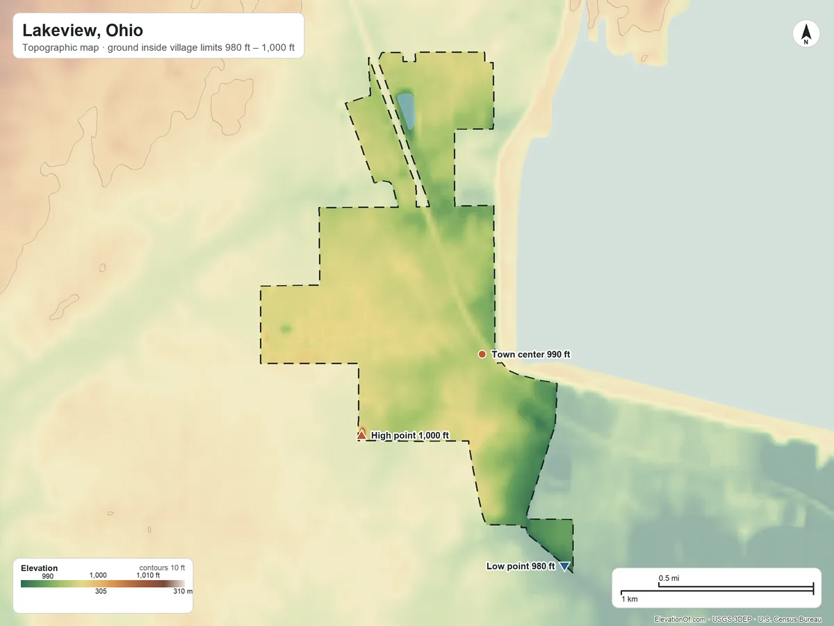 Topographic elevation map of Lakeview, Ohio, shaded from 980 ft on the south side to 1,000 ft on the southwest side