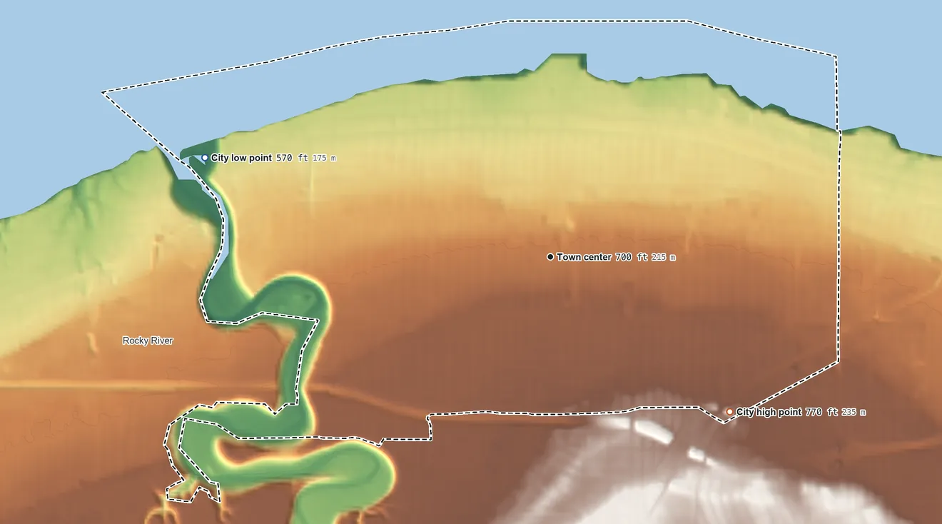Topographic elevation map of Lakewood, Ohio, shaded from 570 ft on the west side to 770 ft on the southeast side