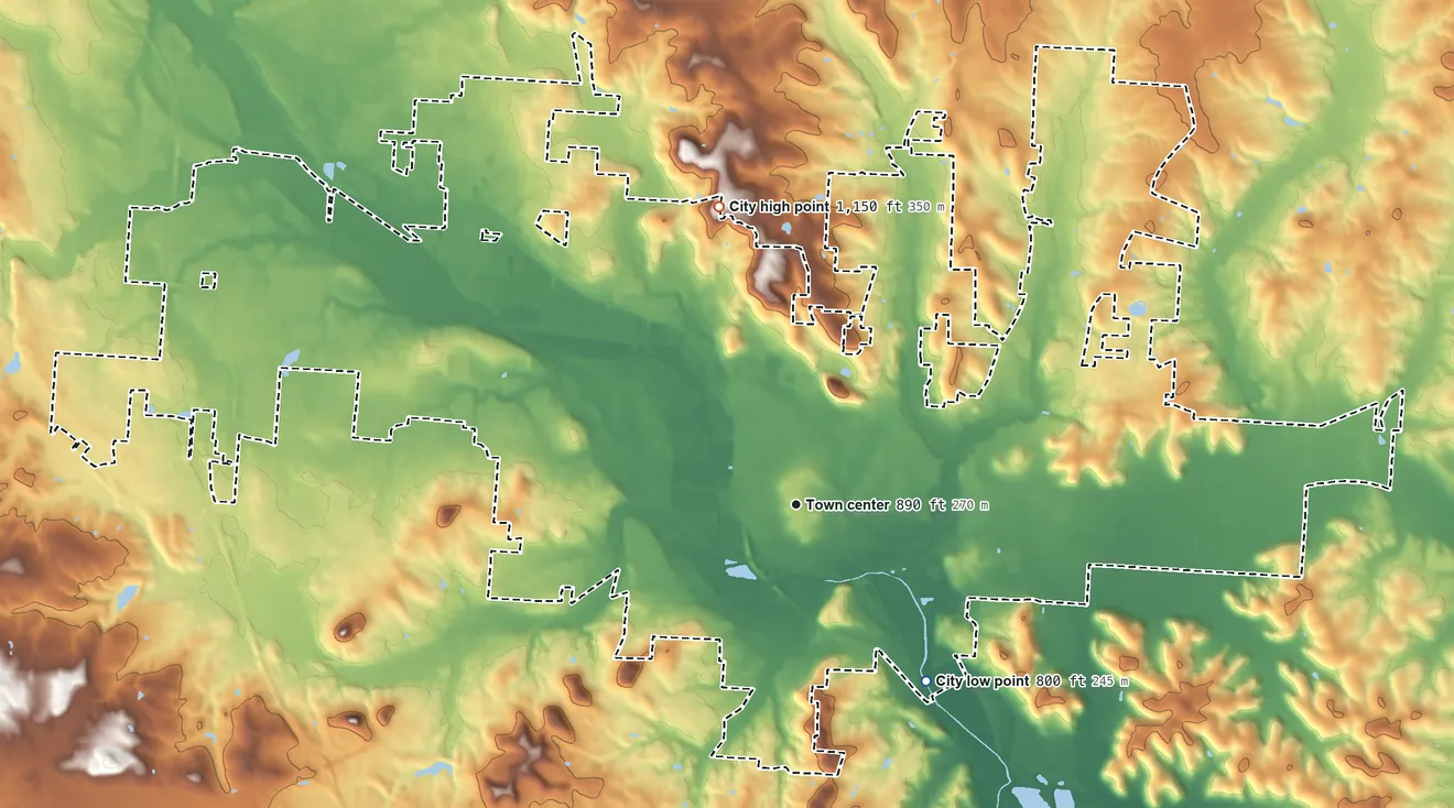 Topographic elevation map of Lancaster, Ohio, shaded from 800 ft on the southeast side to 1,150 ft on the north side