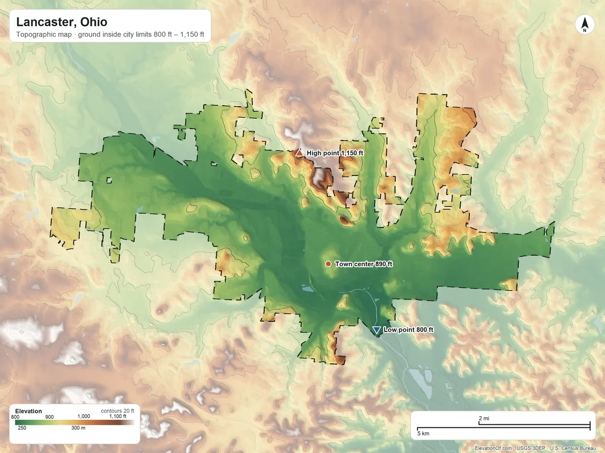 Topographic elevation map of Lancaster, Ohio, shaded from 800 ft on the southeast side to 1,150 ft on the north side