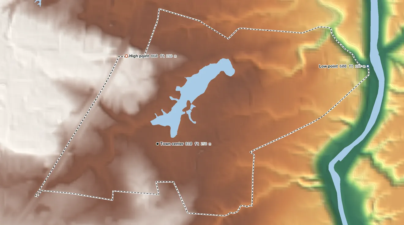 Topographic elevation map of Landen, Ohio, shaded from 600 ft on the east side to 860 ft on the north side
