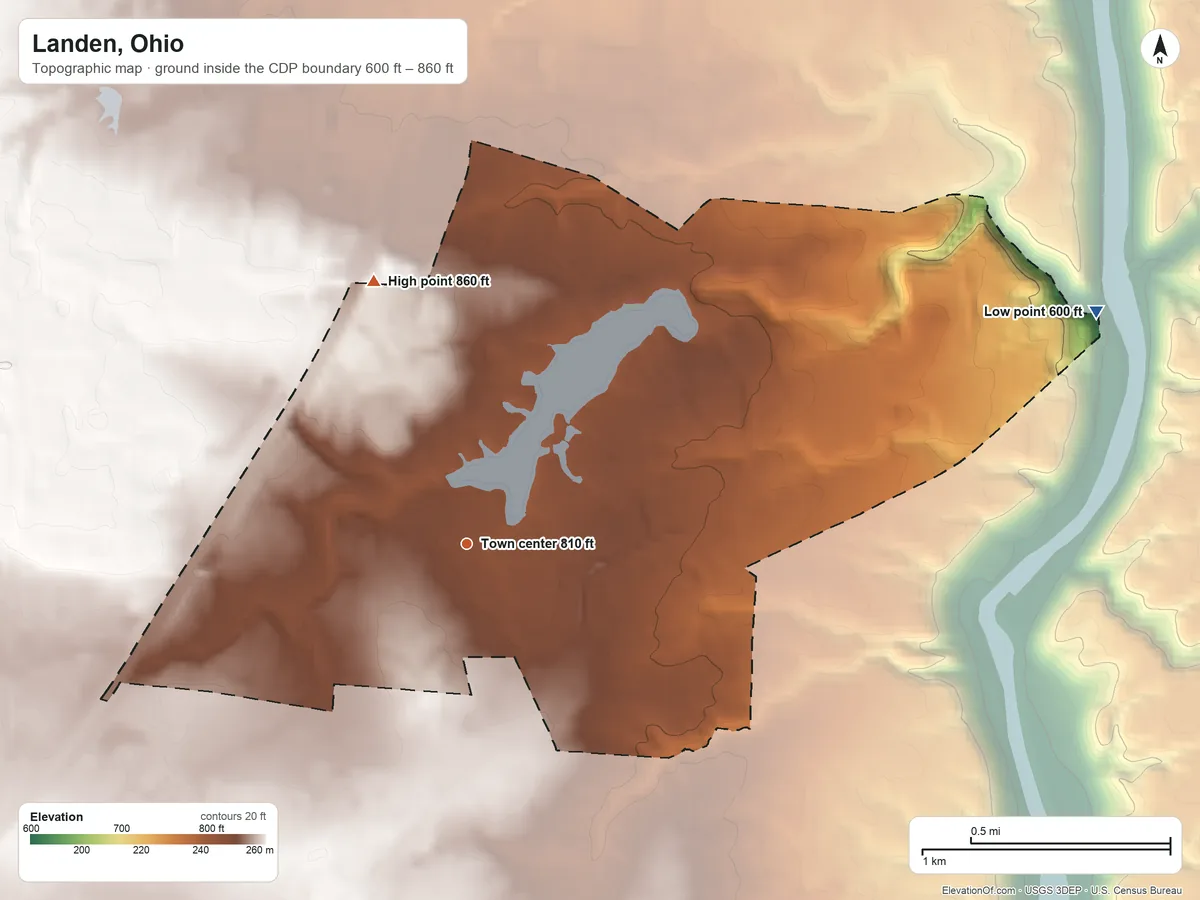 Topographic elevation map of Landen, Ohio, shaded from 600 ft on the east side to 860 ft on the north side