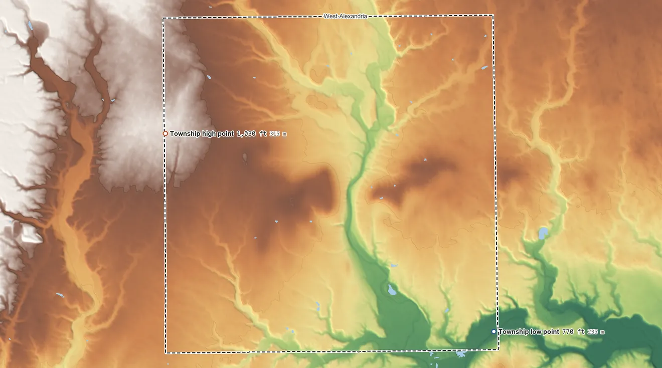 Topographic elevation map of Lanier Township, Ohio, shaded from 770 ft on the southeast side to 1,030 ft on the west side