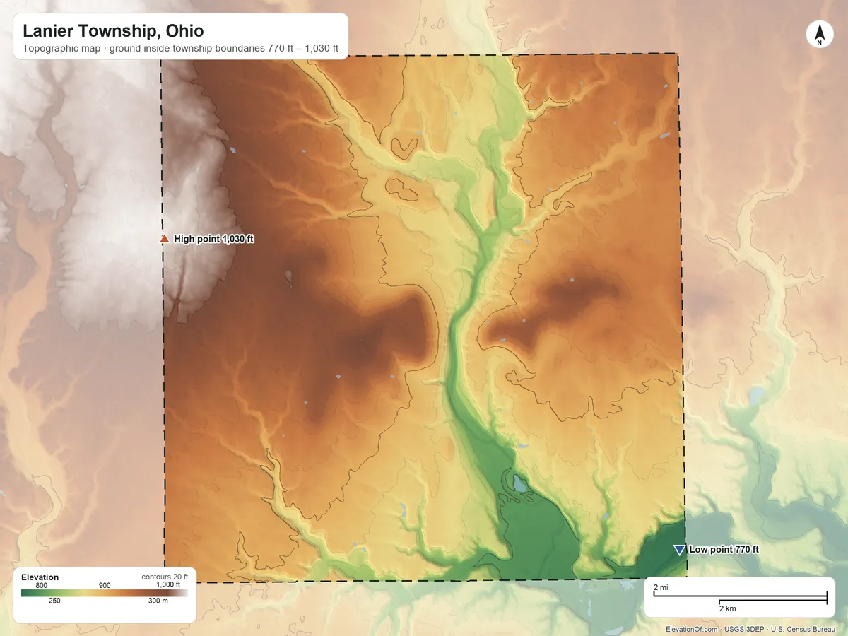 Topographic elevation map of Lanier Township, Ohio, shaded from 770 ft on the southeast side to 1,030 ft on the west side