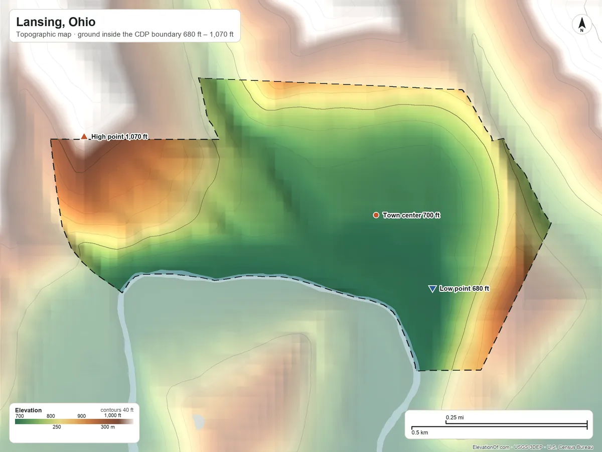 Topographic elevation map of Lansing, Ohio, shaded from 680 ft on the southeast side to 1,070 ft on the west side