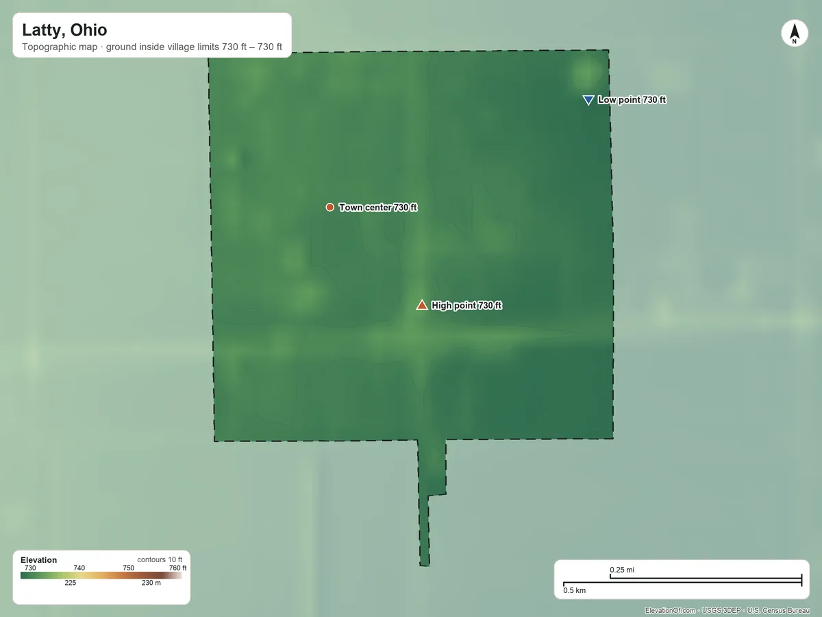 Topographic elevation map of Latty, Ohio, shaded from 730 ft on the northeast side to 730 ft on the southeast side