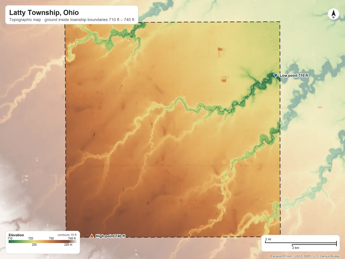 Topographic elevation map of Latty Township, Ohio, shaded from 710 ft on the northeast side to 740 ft on the southwest side