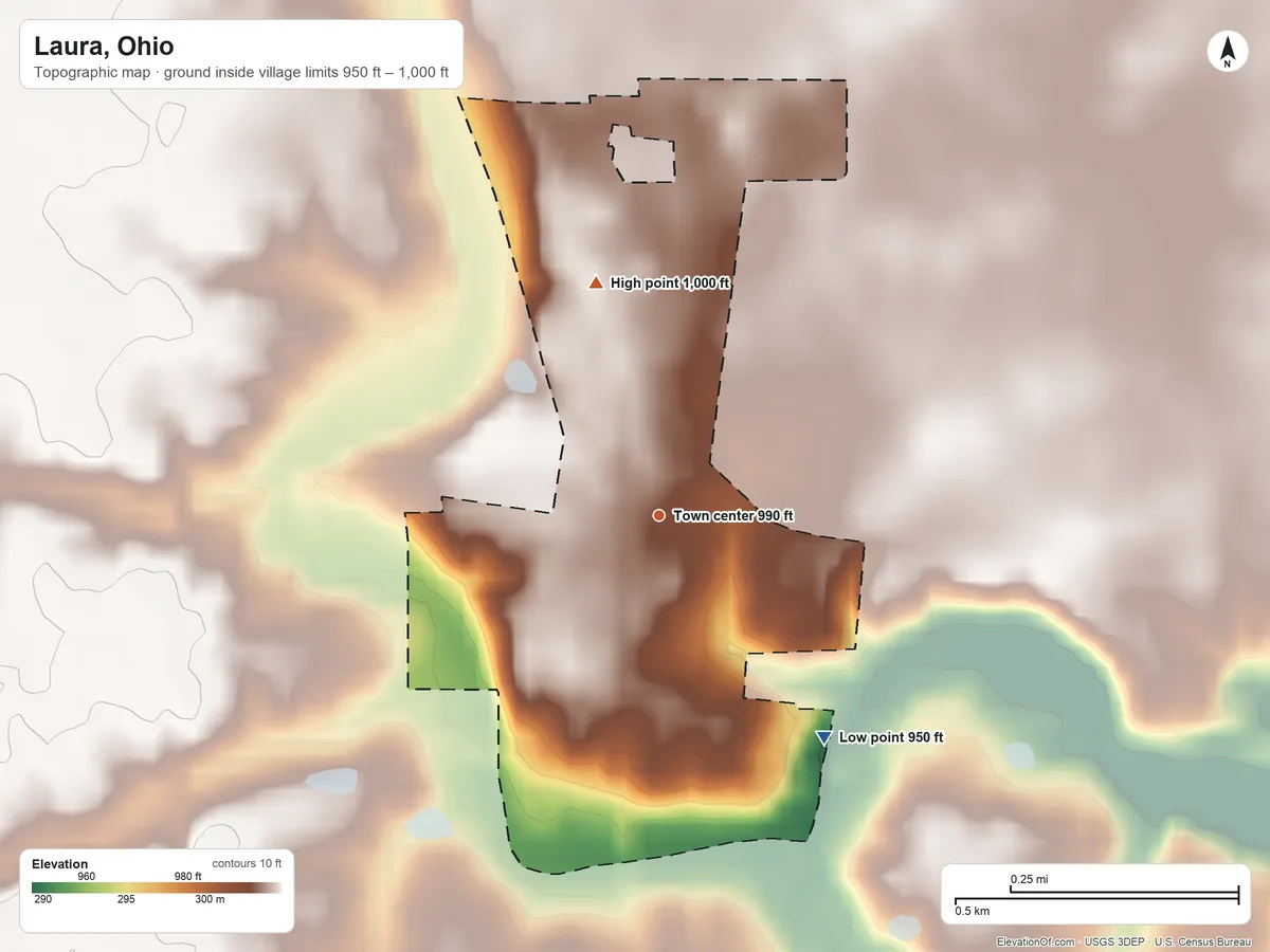 Topographic elevation map of Laura, Ohio, shaded from 950 ft on the southeast side to 1,000 ft on the north side
