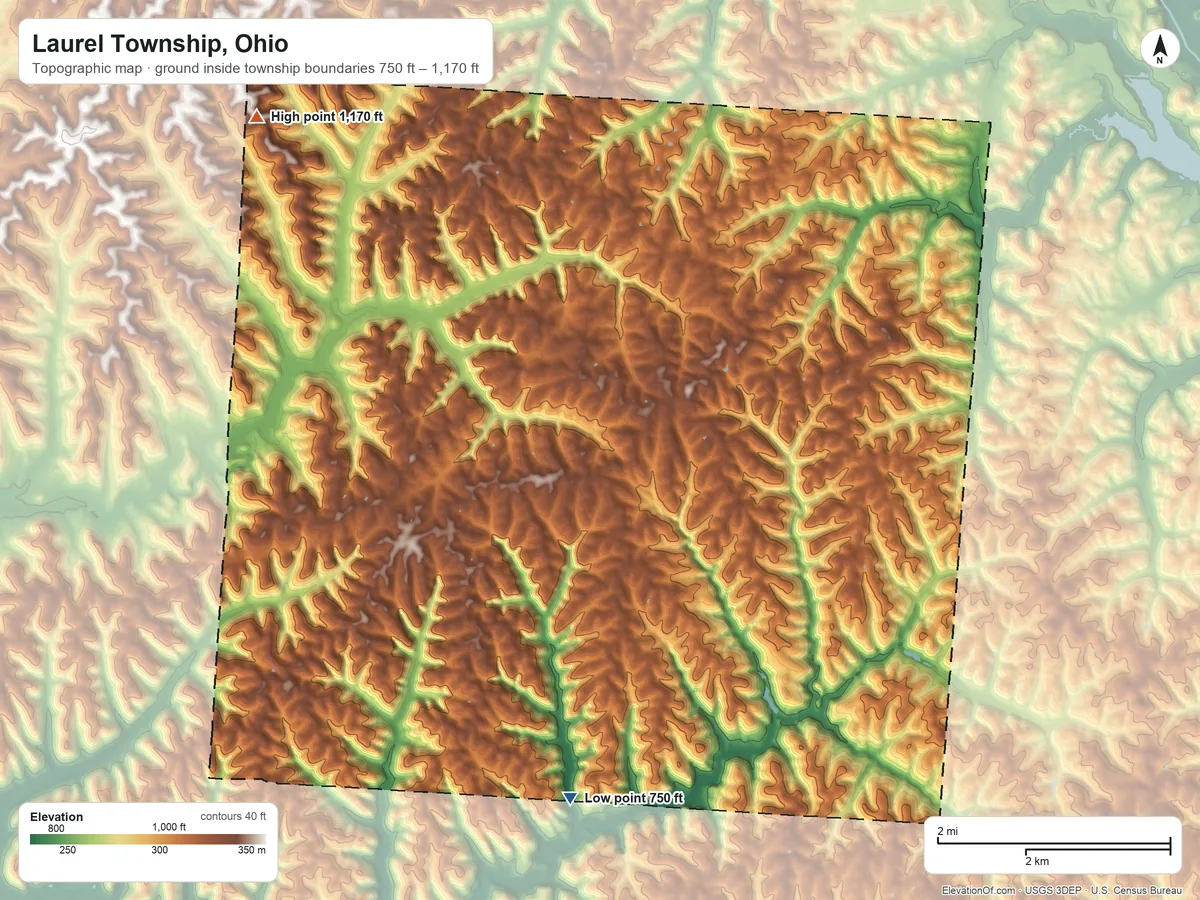 Topographic elevation map of Laurel Township, Ohio, shaded from 750 ft on the south side to 1,170 ft on the northwest side