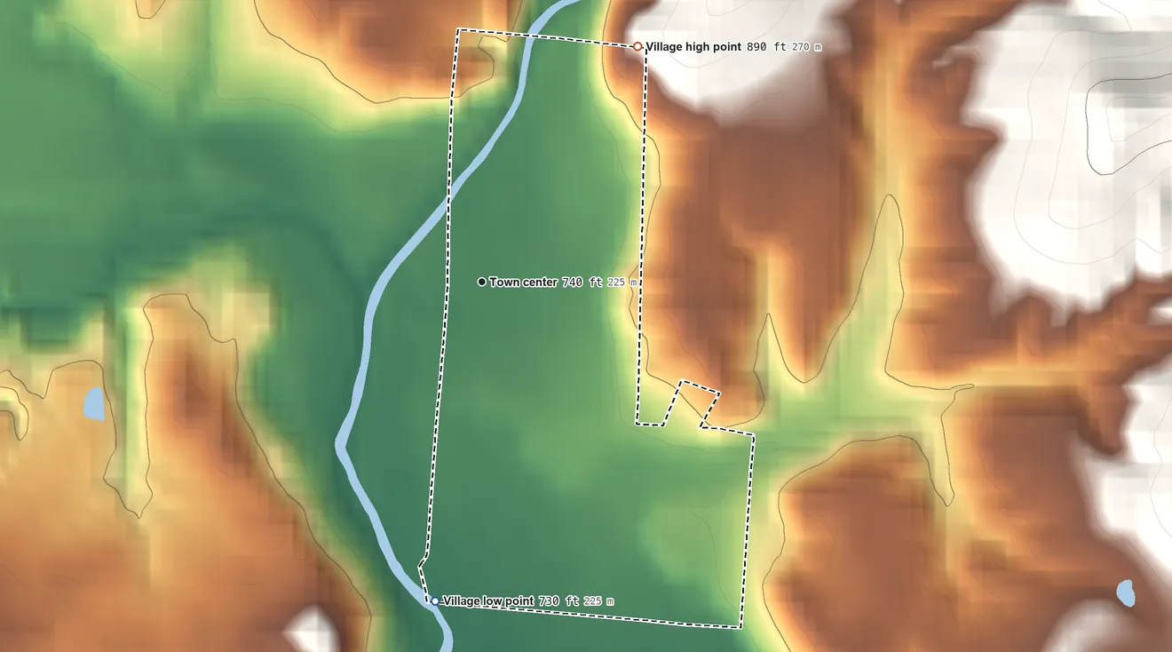 Topographic elevation map of Laurelville, Ohio, shaded from 730 ft on the south side to 890 ft on the northeast side