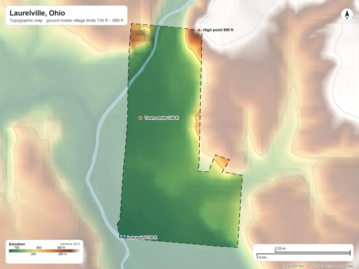 Topographic elevation map of Laurelville, Ohio, shaded from 730 ft on the south side to 890 ft on the northeast side