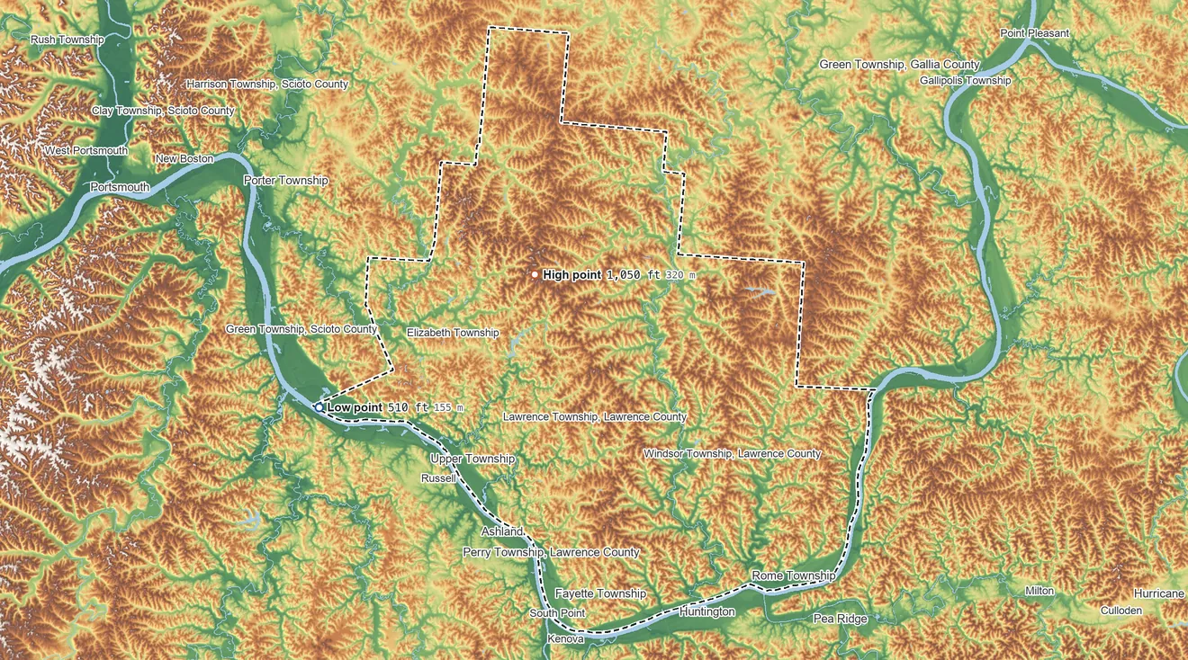 Topographic elevation map of Lawrence County, Ohio, shaded from 510 ft on the west side to 1,050 ft near the middle
