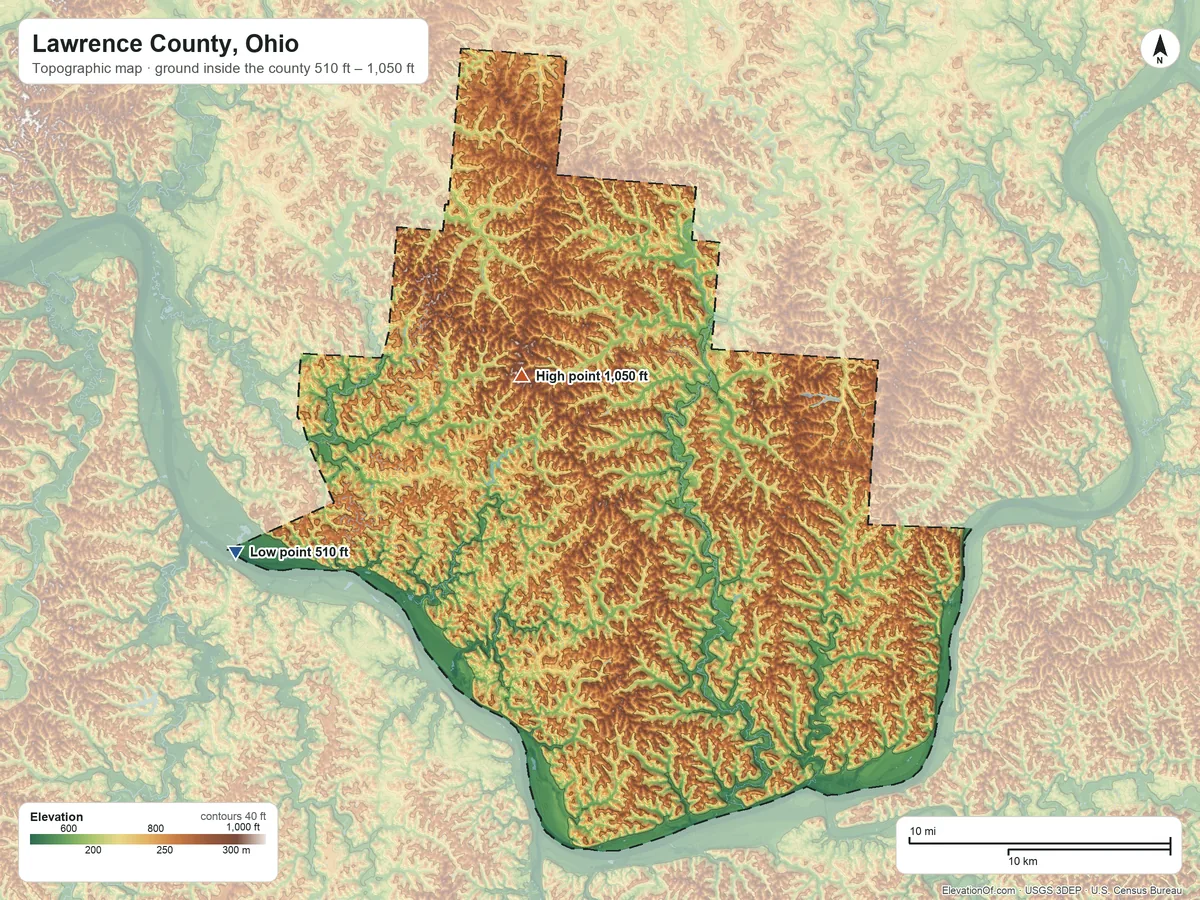 Topographic elevation map of Lawrence County, Ohio, shaded from 510 ft on the west side to 1,050 ft near the middle