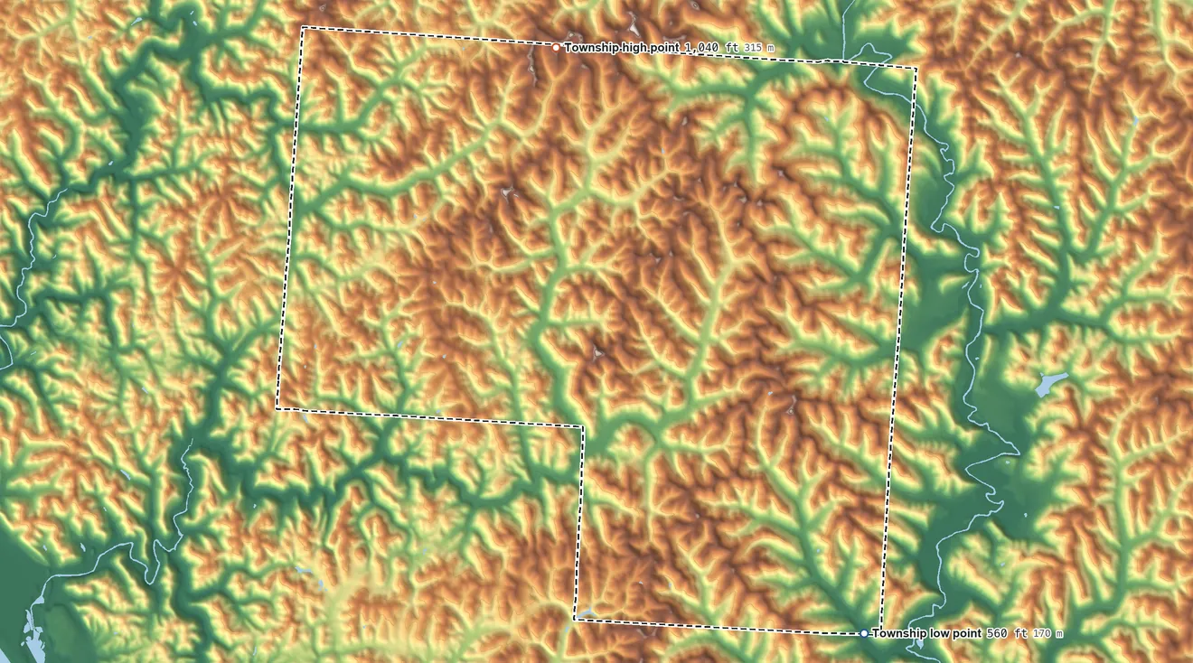 Topographic elevation map of Lawrence Township, Lawrence County, Ohio, shaded from 560 ft on the southeast side to 1,040 ft on the north side
