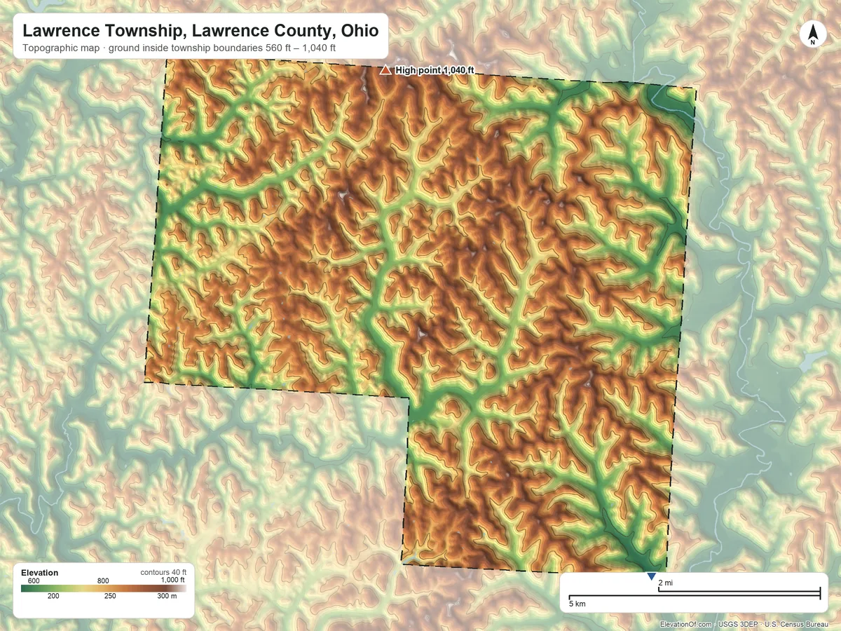 Topographic elevation map of Lawrence Township, Lawrence County, Ohio, shaded from 560 ft on the southeast side to 1,040 ft on the north side