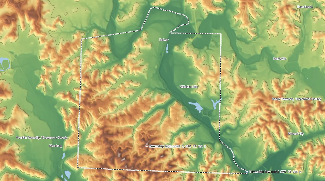 Topographic elevation map of Lawrence Township, Tuscarawas County, Ohio, shaded from 870 ft on the southeast side to 1,310 ft on the south side