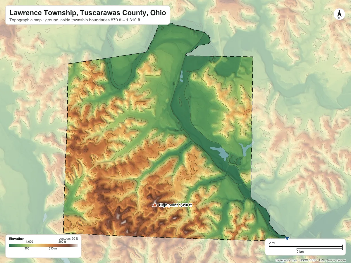 Topographic elevation map of Lawrence Township, Tuscarawas County, Ohio, shaded from 870 ft on the southeast side to 1,310 ft on the south side