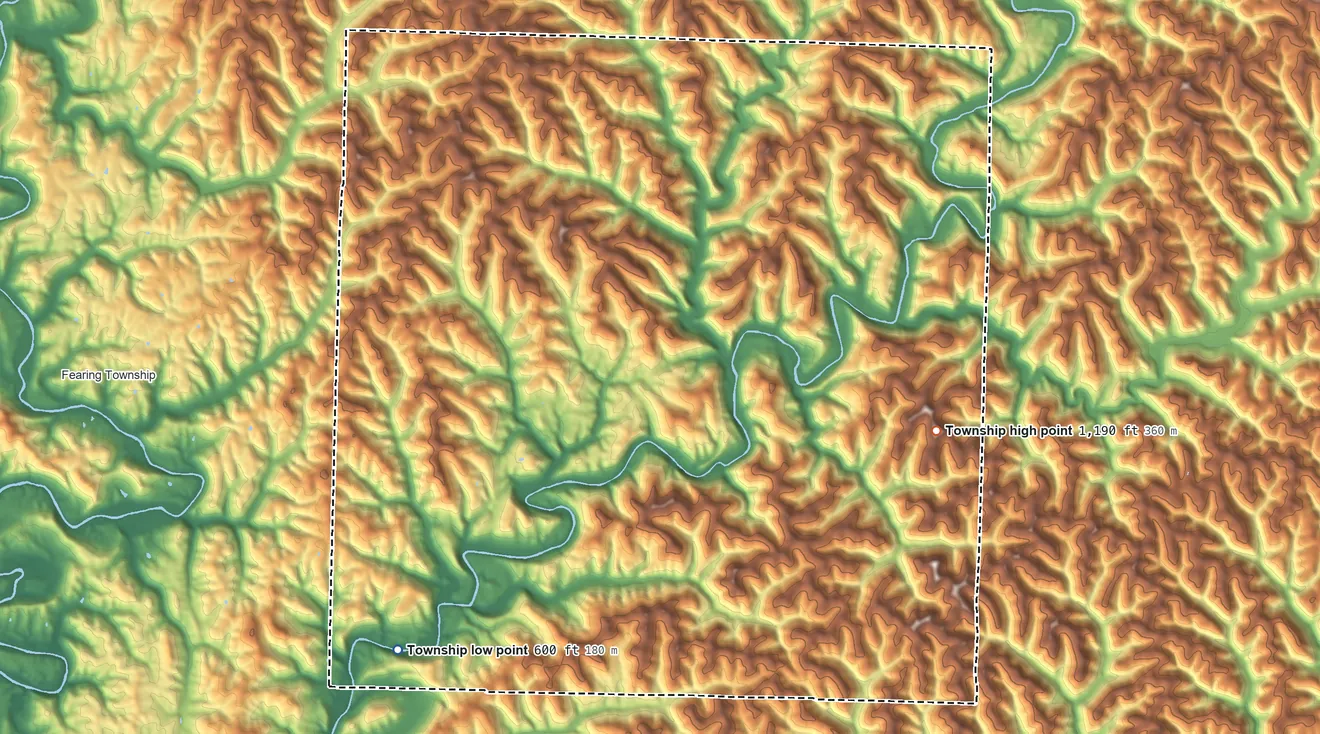 Topographic elevation map of Lawrence Township, Washington County, Ohio, shaded from 600 ft on the southwest side to 1,190 ft on the east side