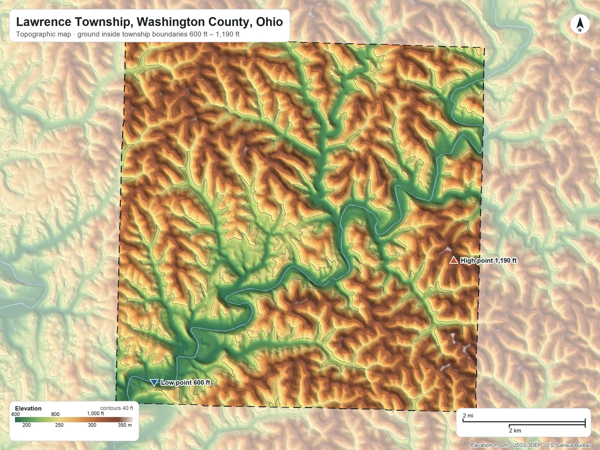 Topographic elevation map of Lawrence Township, Washington County, Ohio, shaded from 600 ft on the southwest side to 1,190 ft on the east side