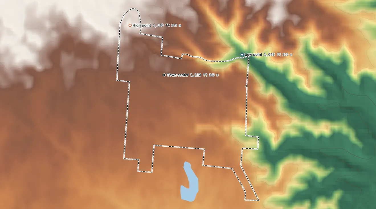 Topographic elevation map of Lawrenceville, Ohio, shaded from 1,040 ft on the east side to 1,130 ft on the northwest side