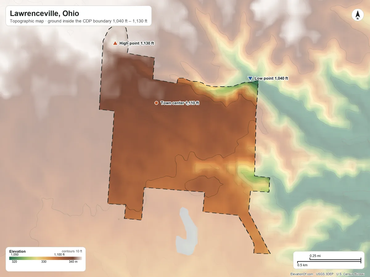 Topographic elevation map of Lawrenceville, Ohio, shaded from 1,040 ft on the east side to 1,130 ft on the northwest side