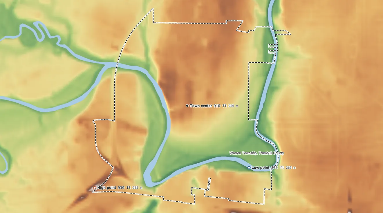 Topographic elevation map of Leavittsburg, Ohio, shaded from 870 ft on the southeast side to 930 ft on the southwest side