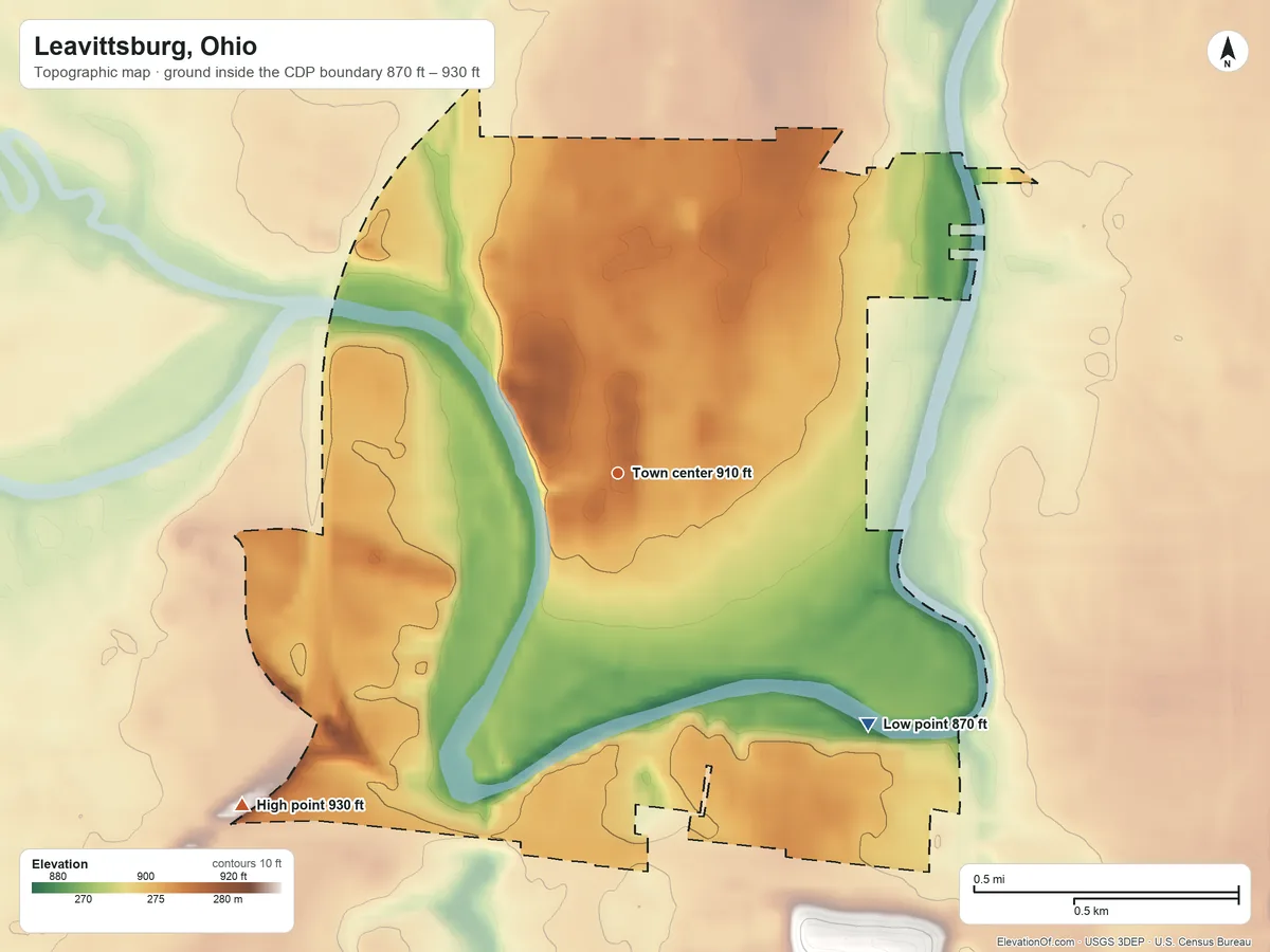 Topographic elevation map of Leavittsburg, Ohio, shaded from 870 ft on the southeast side to 930 ft on the southwest side