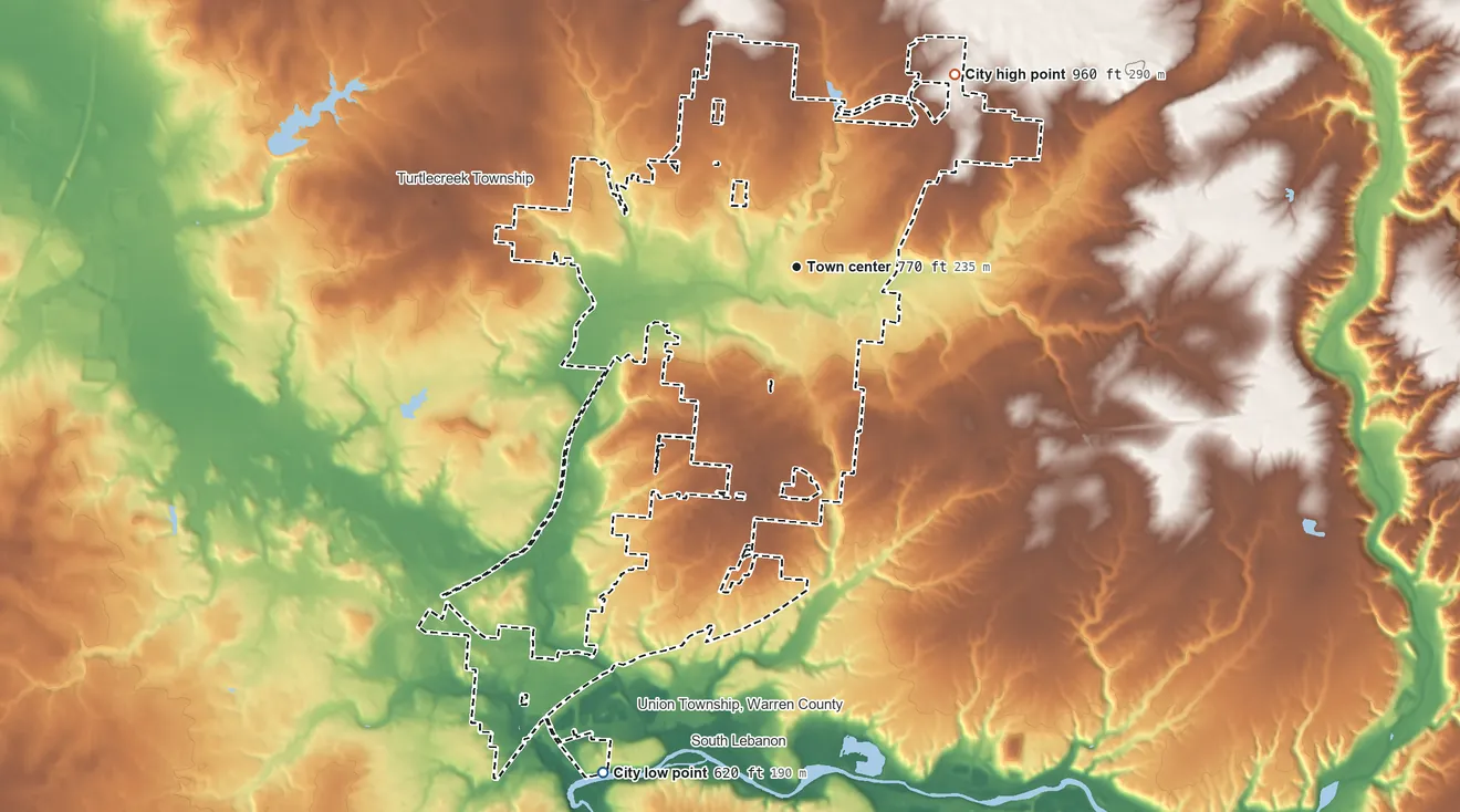 Topographic elevation map of Lebanon, Ohio, shaded from 620 ft on the south side to 960 ft on the northeast side