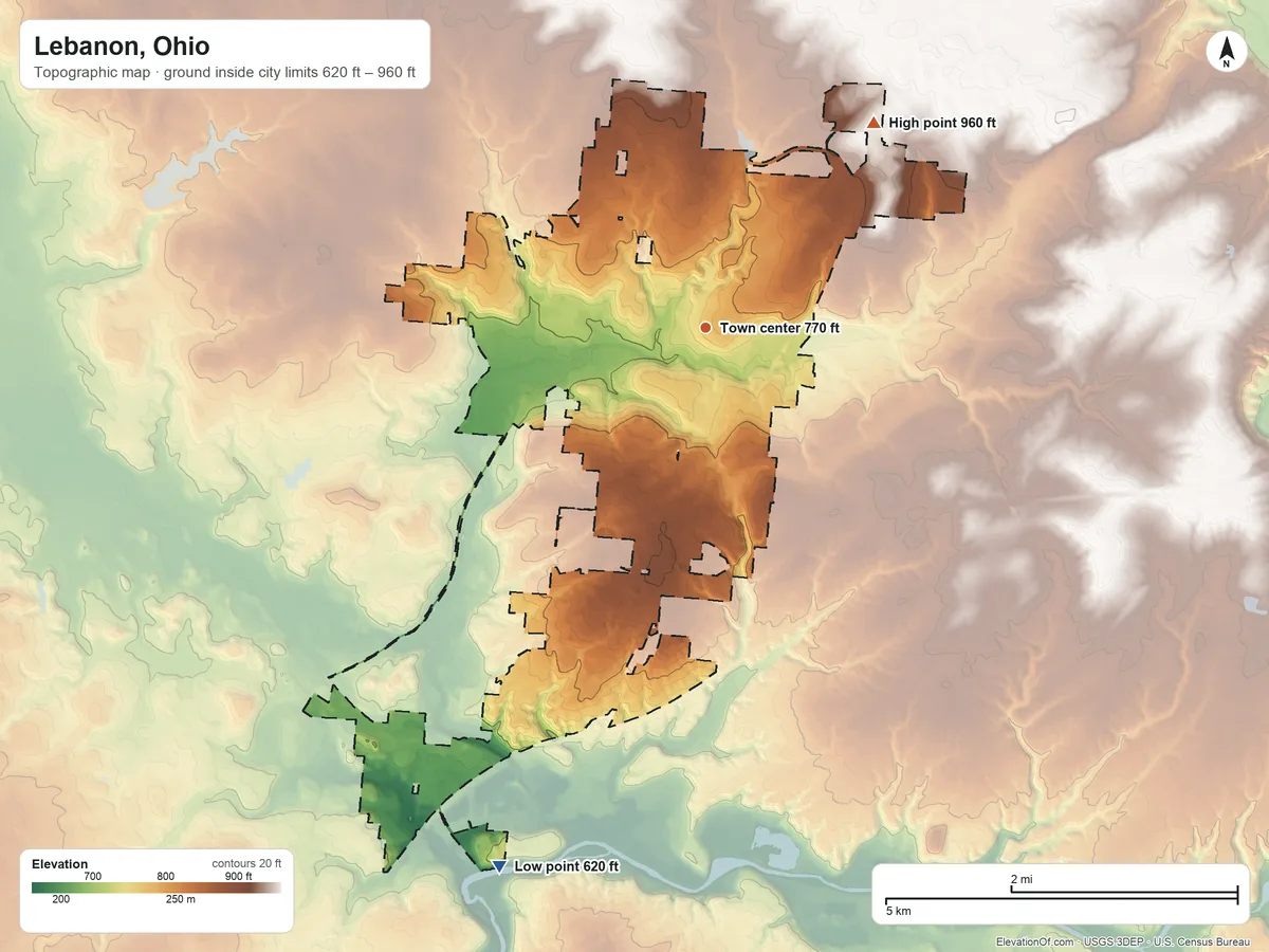 Topographic elevation map of Lebanon, Ohio, shaded from 620 ft on the south side to 960 ft on the northeast side