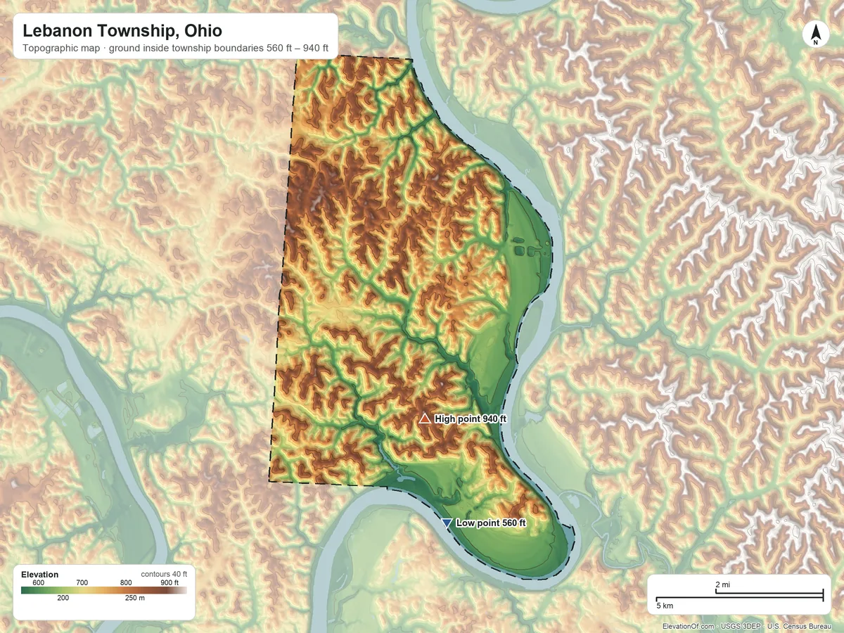 Topographic elevation map of Lebanon Township, Ohio, shaded from 560 ft on the south side to 940 ft on the south side