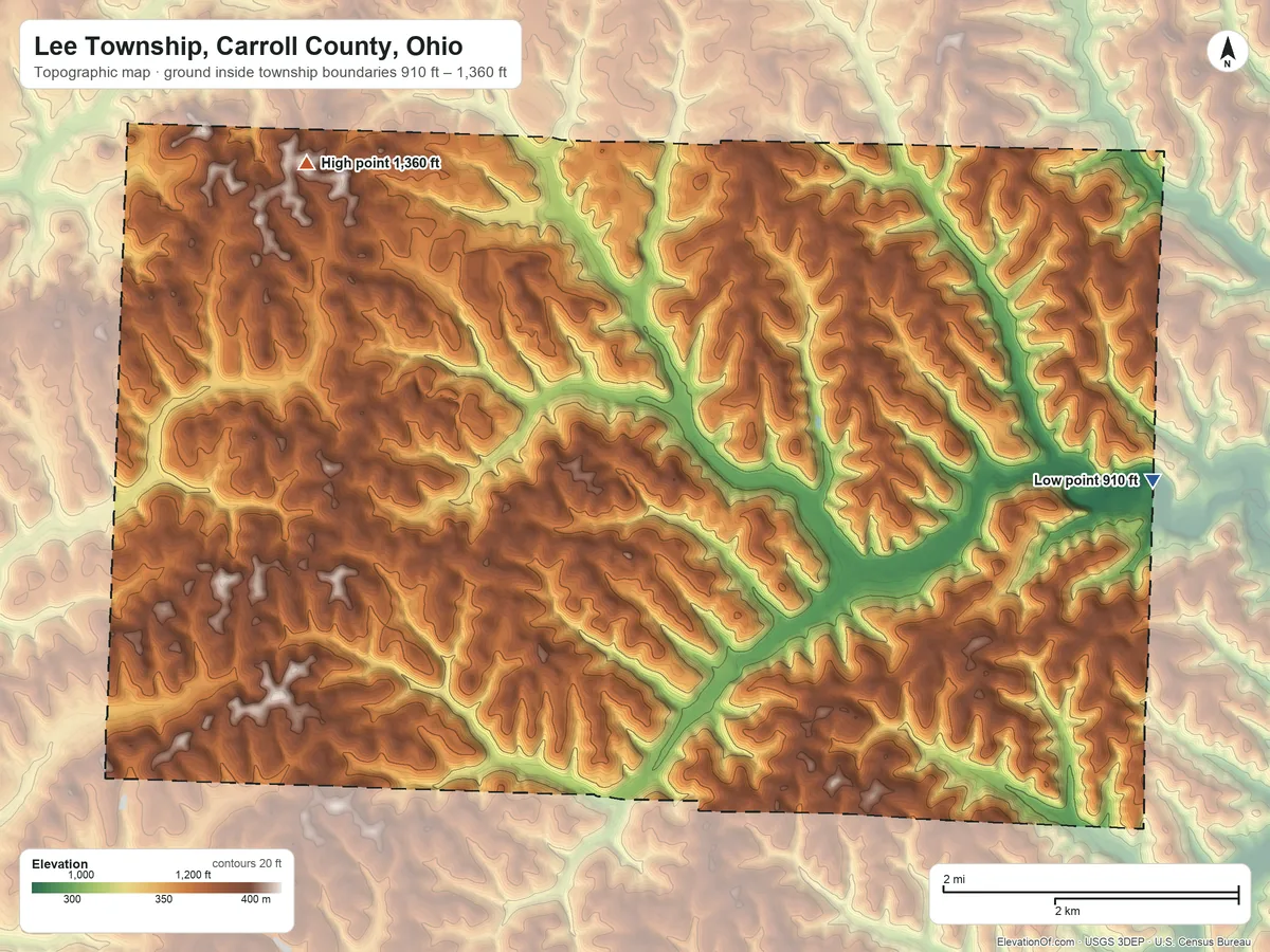Topographic elevation map of Lee Township, Carroll County, Ohio, shaded from 910 ft on the east side to 1,360 ft on the northwest side