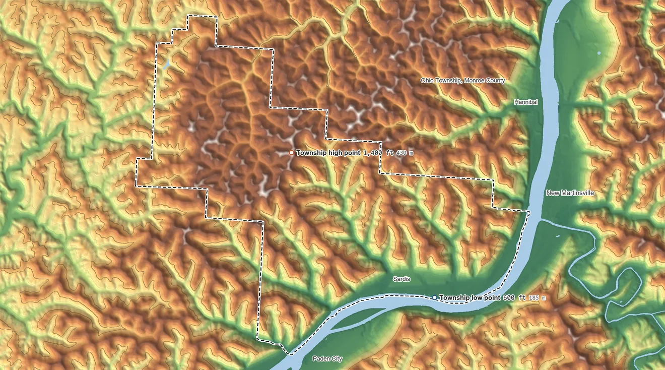 Topographic elevation map of Lee Township, Monroe County, Ohio, shaded from 600 ft near the middle to 1,400 ft on the northwest side