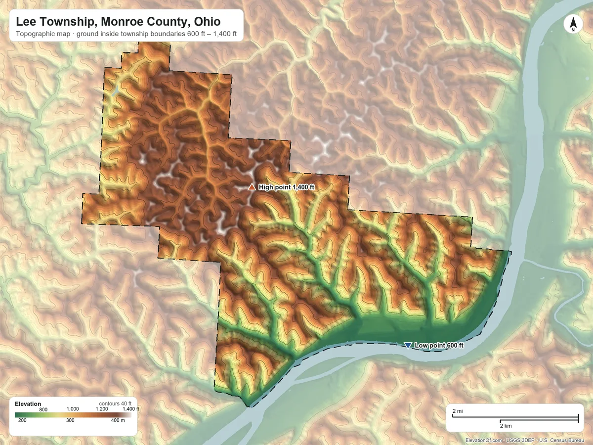 Topographic elevation map of Lee Township, Monroe County, Ohio, shaded from 600 ft near the middle to 1,400 ft on the northwest side