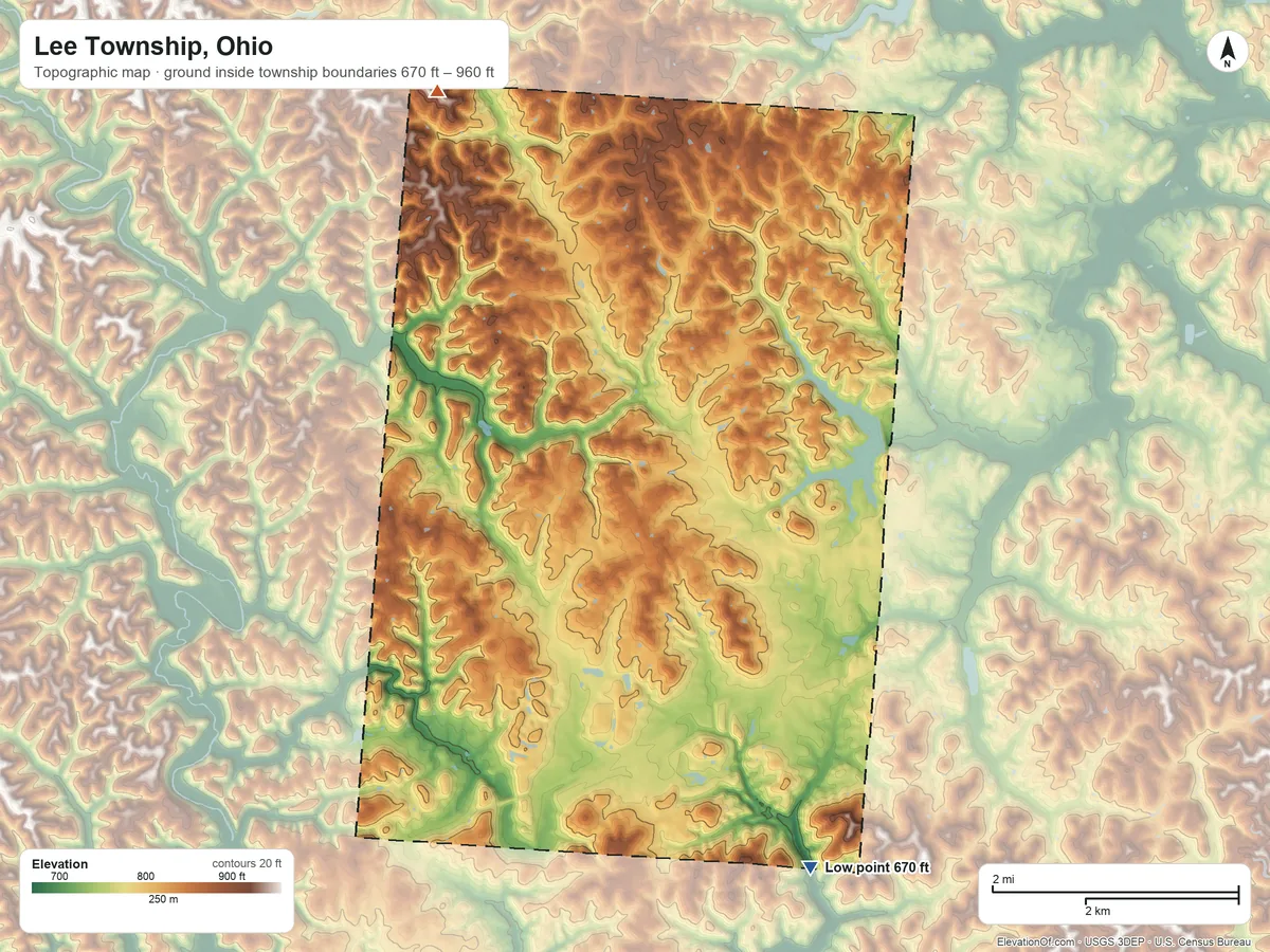 Topographic elevation map of Lee Township, Ohio, shaded from 670 ft on the south side to 960 ft on the northwest side