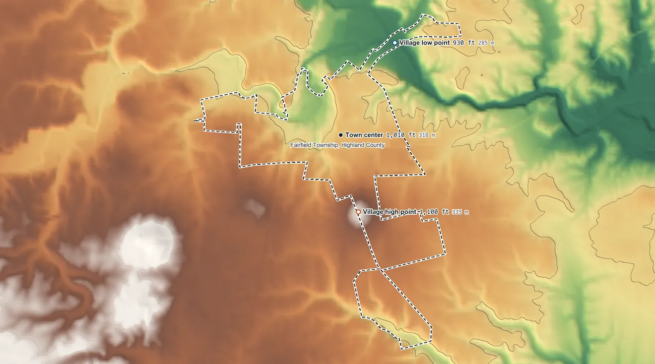 Topographic elevation map of Leesburg, Ohio, shaded from 930 ft on the northeast side to 1,100 ft on the south side