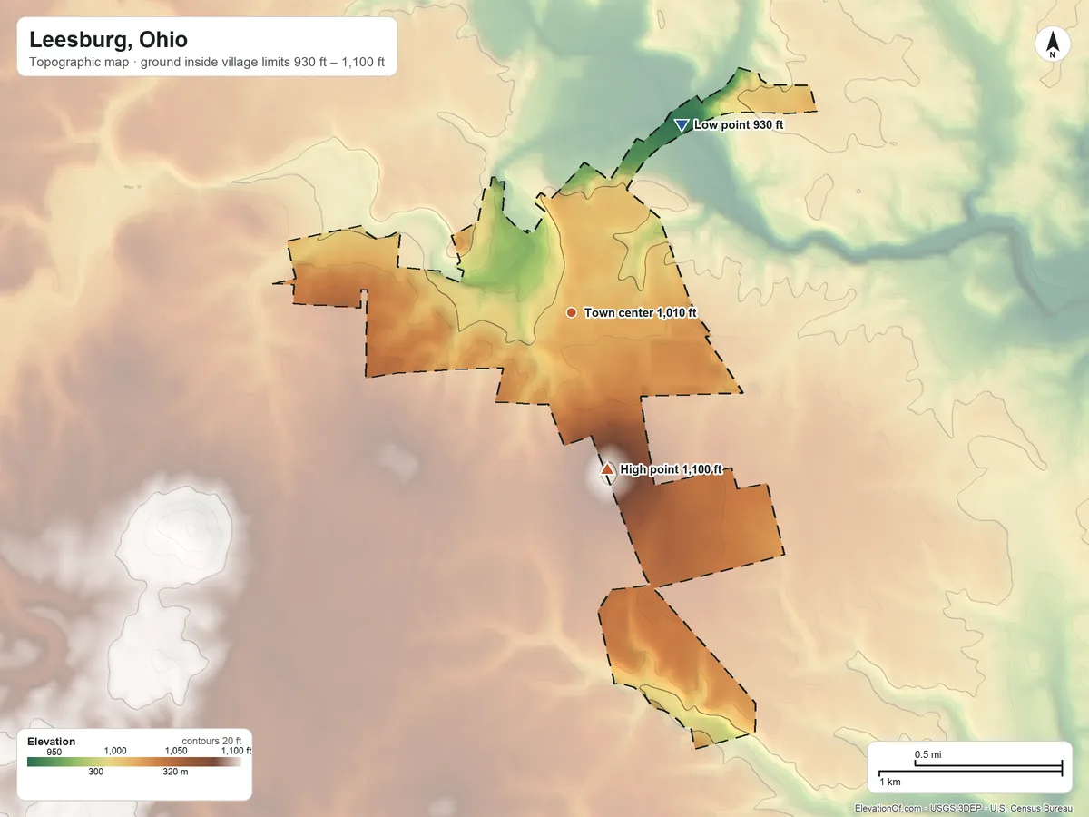 Topographic elevation map of Leesburg, Ohio, shaded from 930 ft on the northeast side to 1,100 ft on the south side
