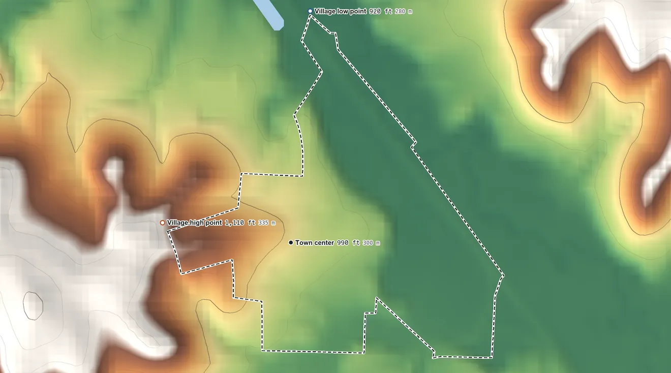 Topographic elevation map of Leesville, Ohio, shaded from 920 ft on the north side to 1,110 ft on the west side