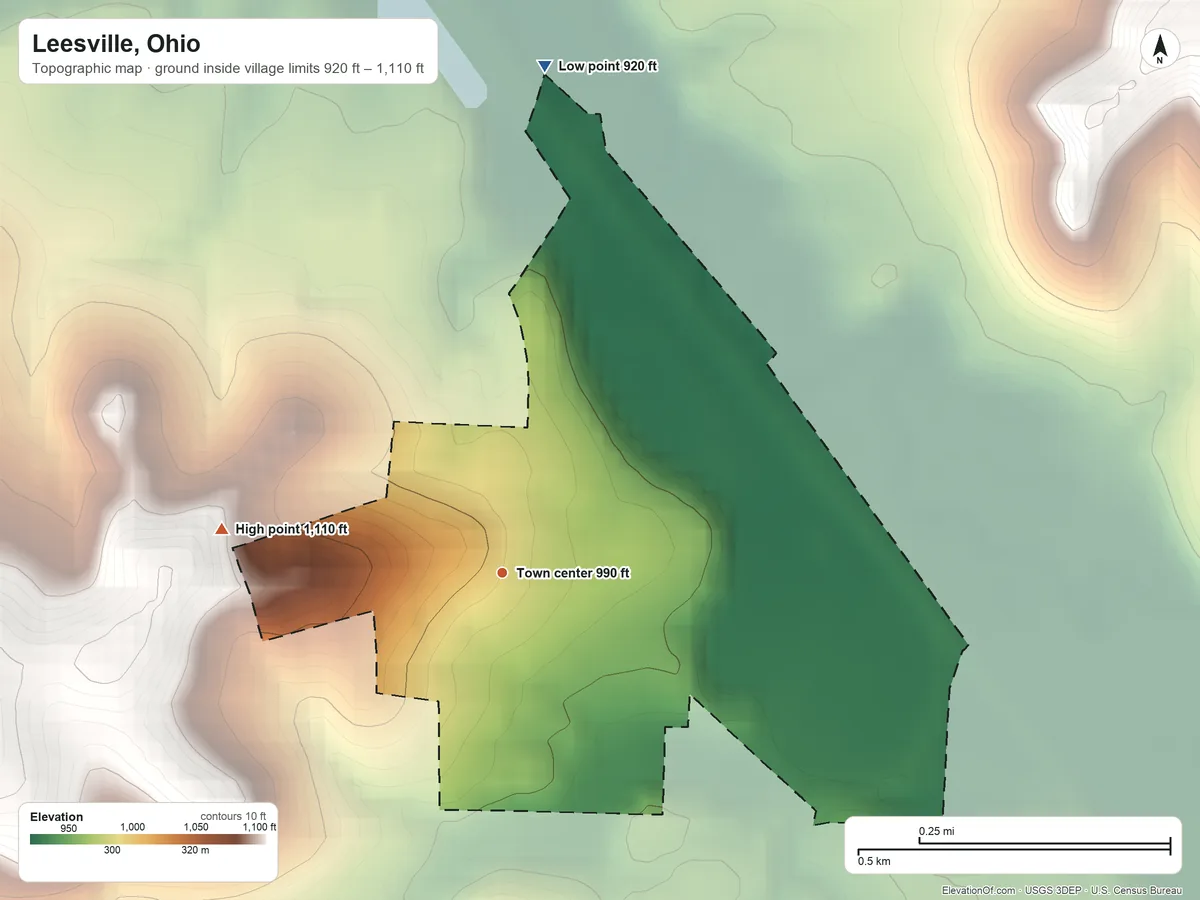 Topographic elevation map of Leesville, Ohio, shaded from 920 ft on the north side to 1,110 ft on the west side