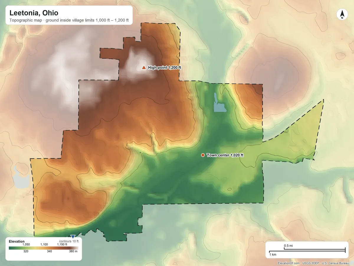 Topographic elevation map of Leetonia, Ohio, shaded from 1,000 ft on the southwest side to 1,200 ft on the northwest side