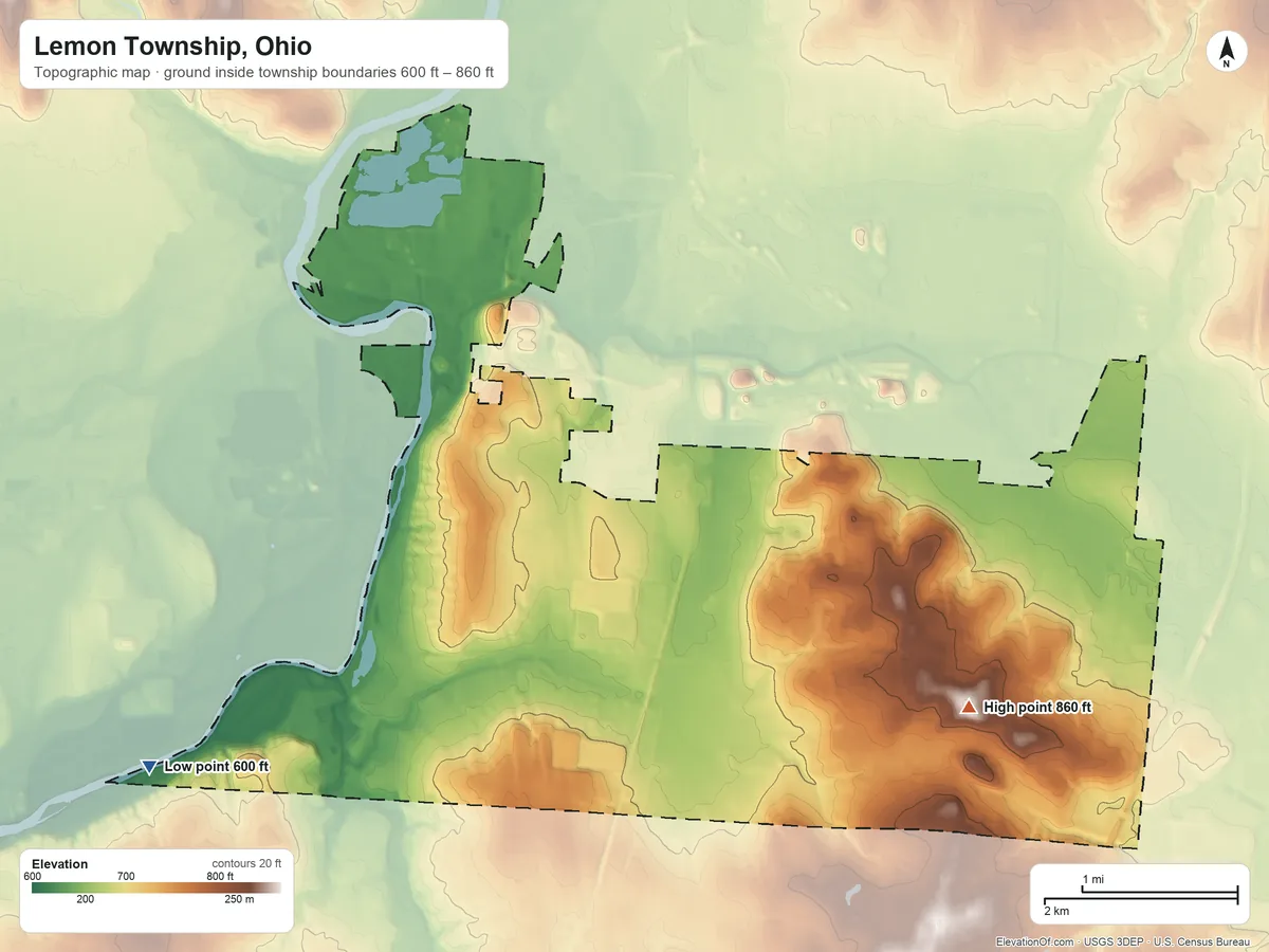Topographic elevation map of Lemon Township, Ohio, shaded from 600 ft on the west side to 860 ft on the east side
