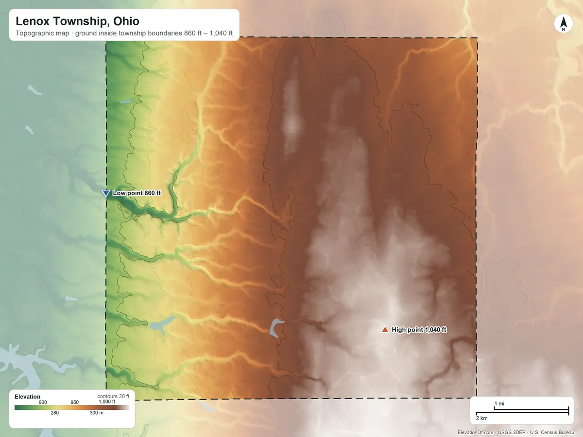 Topographic elevation map of Lenox Township, Ohio, shaded from 860 ft on the west side to 1,040 ft on the south side