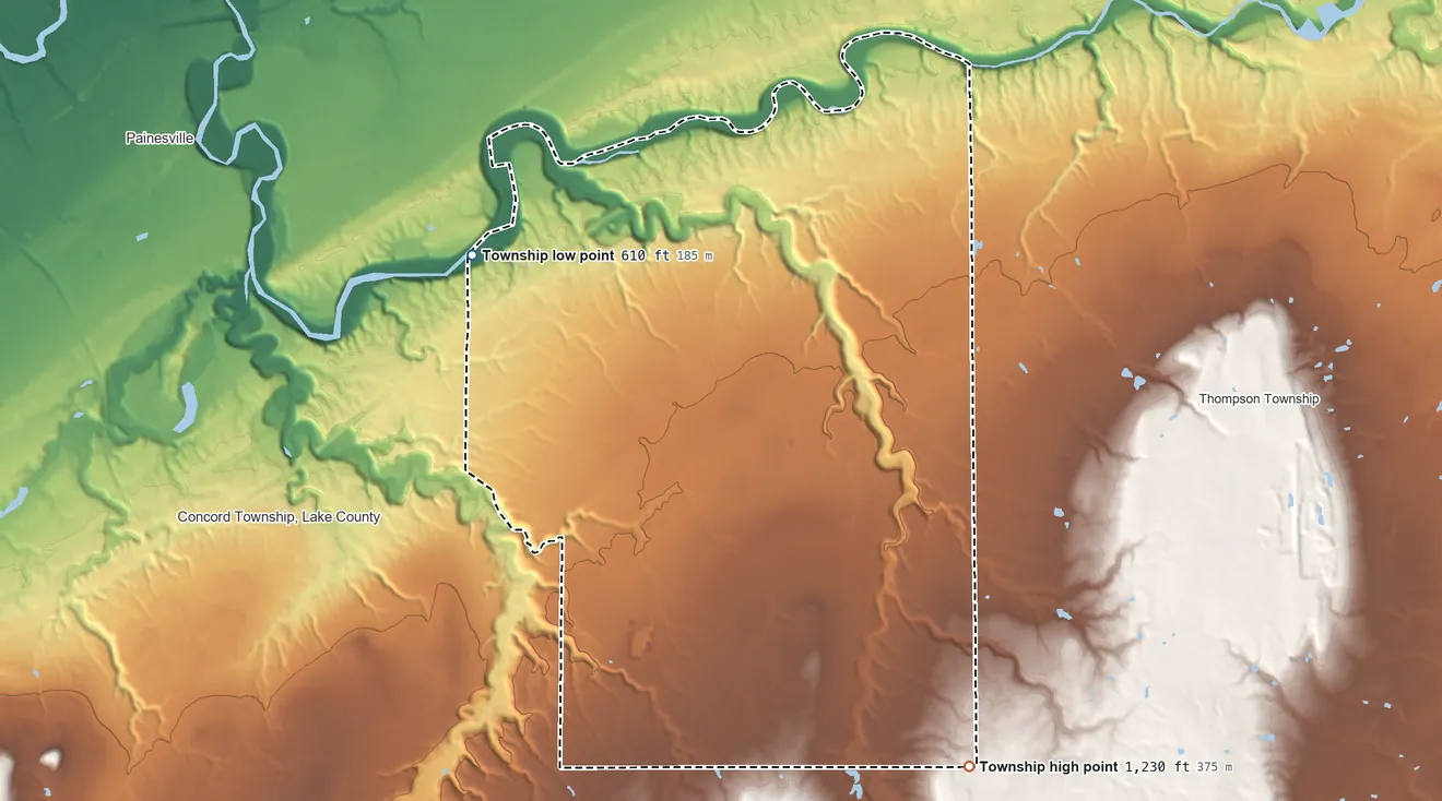 Topographic elevation map of Leroy Township, Ohio, shaded from 610 ft on the northwest side to 1,230 ft on the southeast side