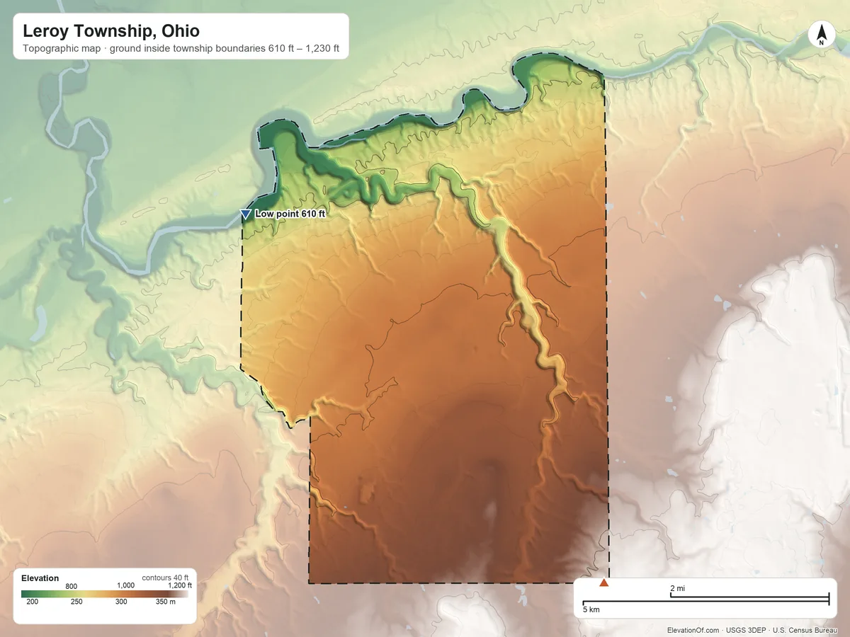 Topographic elevation map of Leroy Township, Ohio, shaded from 610 ft on the northwest side to 1,230 ft on the southeast side