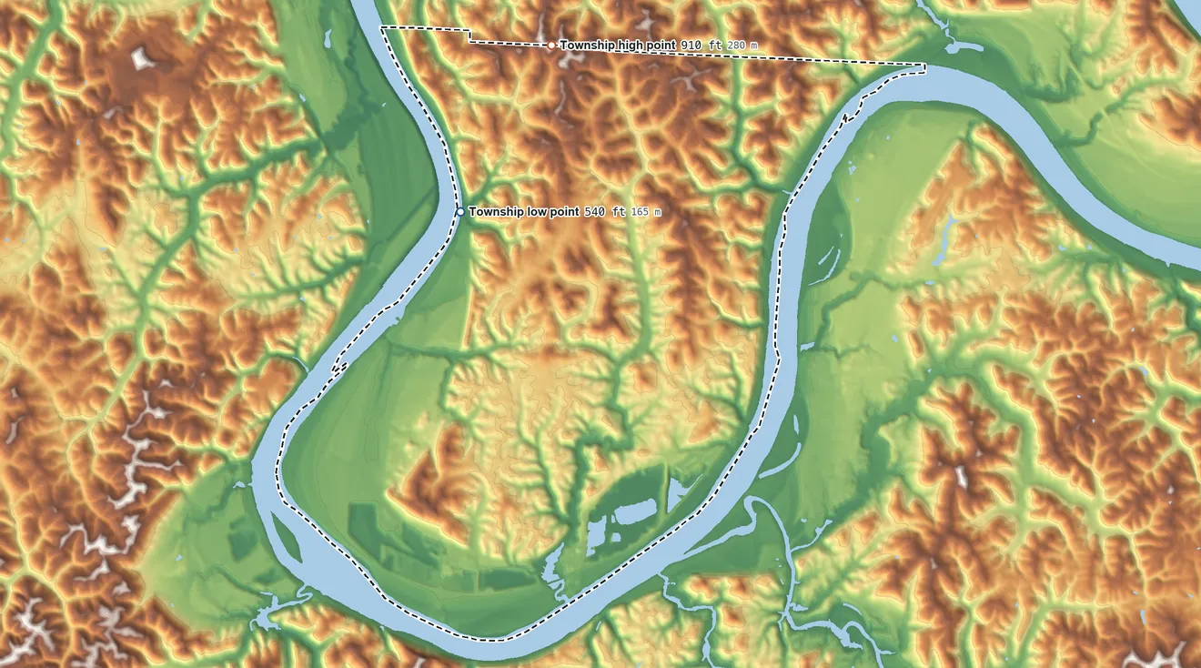 Topographic elevation map of Letart Township, Ohio, shaded from 540 ft on the northwest side to 910 ft on the north side