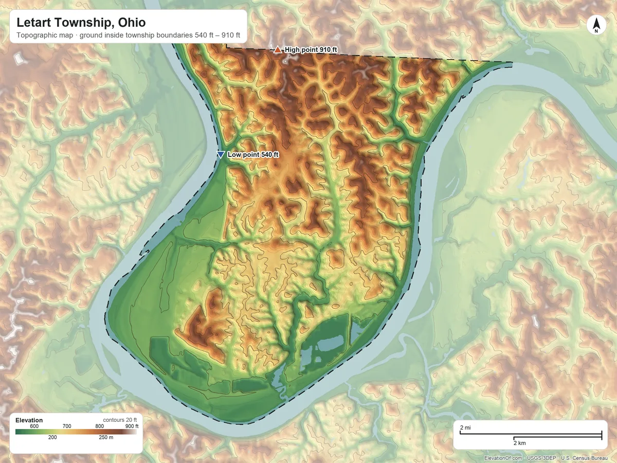 Topographic elevation map of Letart Township, Ohio, shaded from 540 ft on the northwest side to 910 ft on the north side
