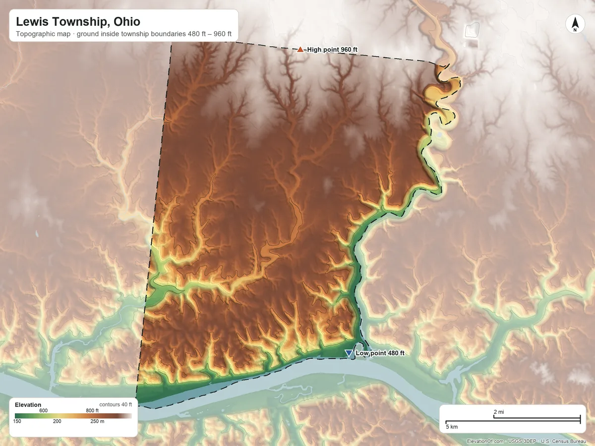 Topographic elevation map of Lewis Township, Ohio, shaded from 480 ft on the southeast side to 960 ft on the north side