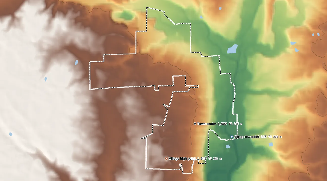 Topographic elevation map of Lewisburg, Ohio, shaded from 920 ft on the east side to 1,040 ft on the southwest side